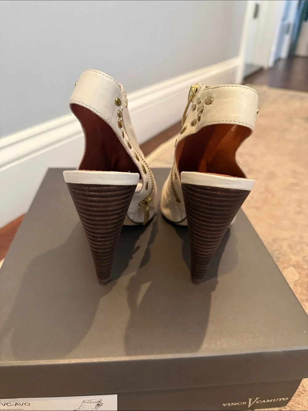 Vince Camuto Ivory Open-Toe Studded Leather Heels with Side Zipper